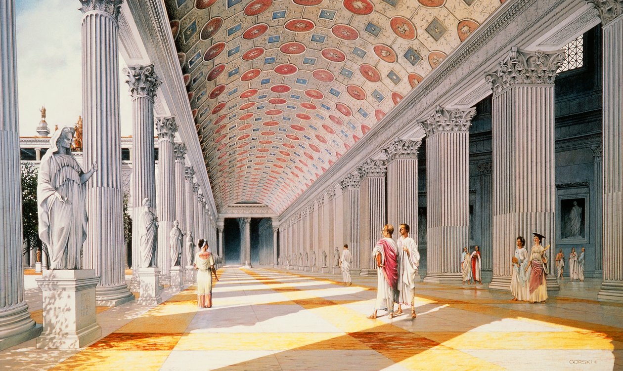 Trajans Forum - rekonstruktion af søjlegangen (farve litho) af School Italian