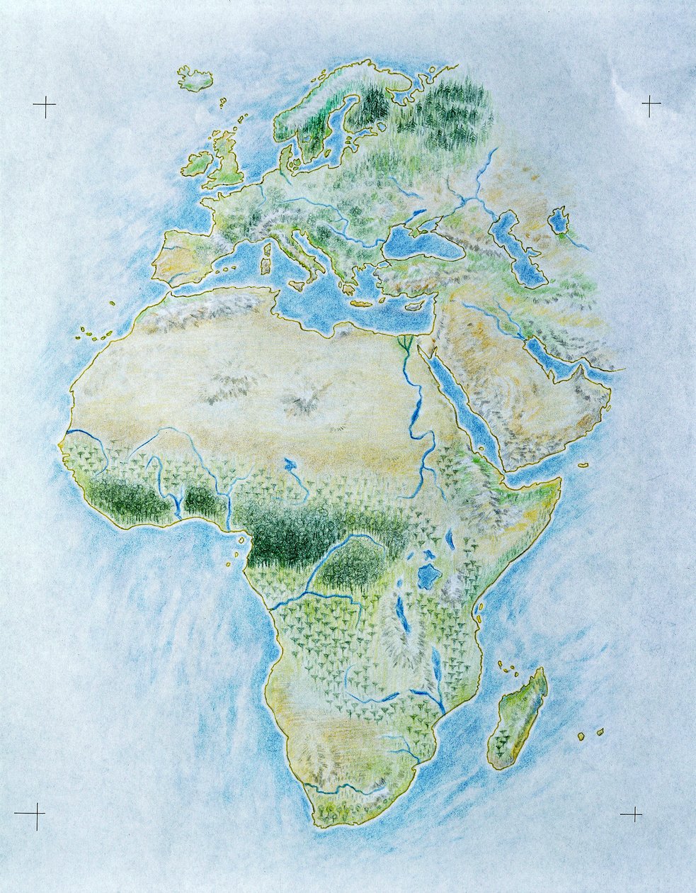 Umærket kort over Afrika og Europa (farve litho) af School Italian