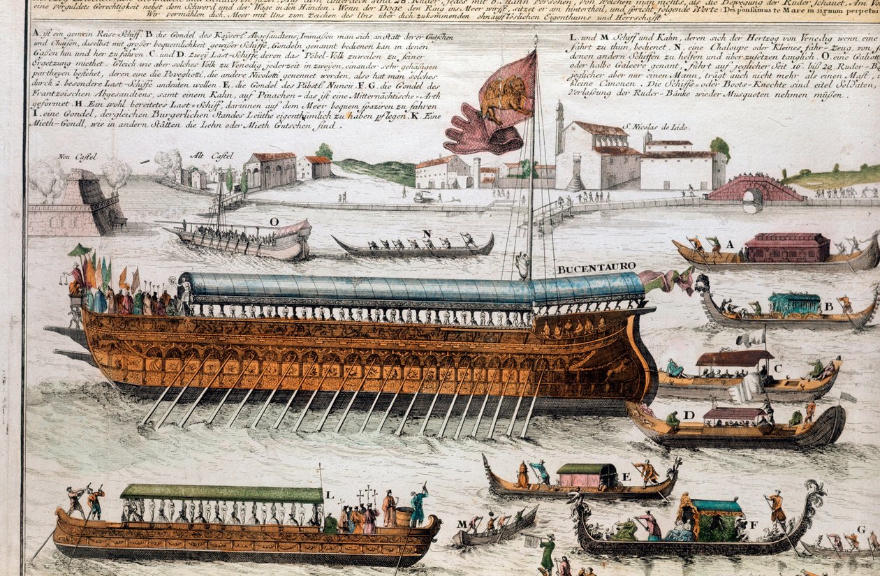 Udsigt over lagunen i Venedig og Bucentaur. (Bucentauro) På Kristi Himmelfartsdag krydsede dogen Venedig-lagunen for at nå mundingen af det åbne hav ombord på et skib kaldet Bucentaur. Gravering. Venedig, correr museum af School Italian