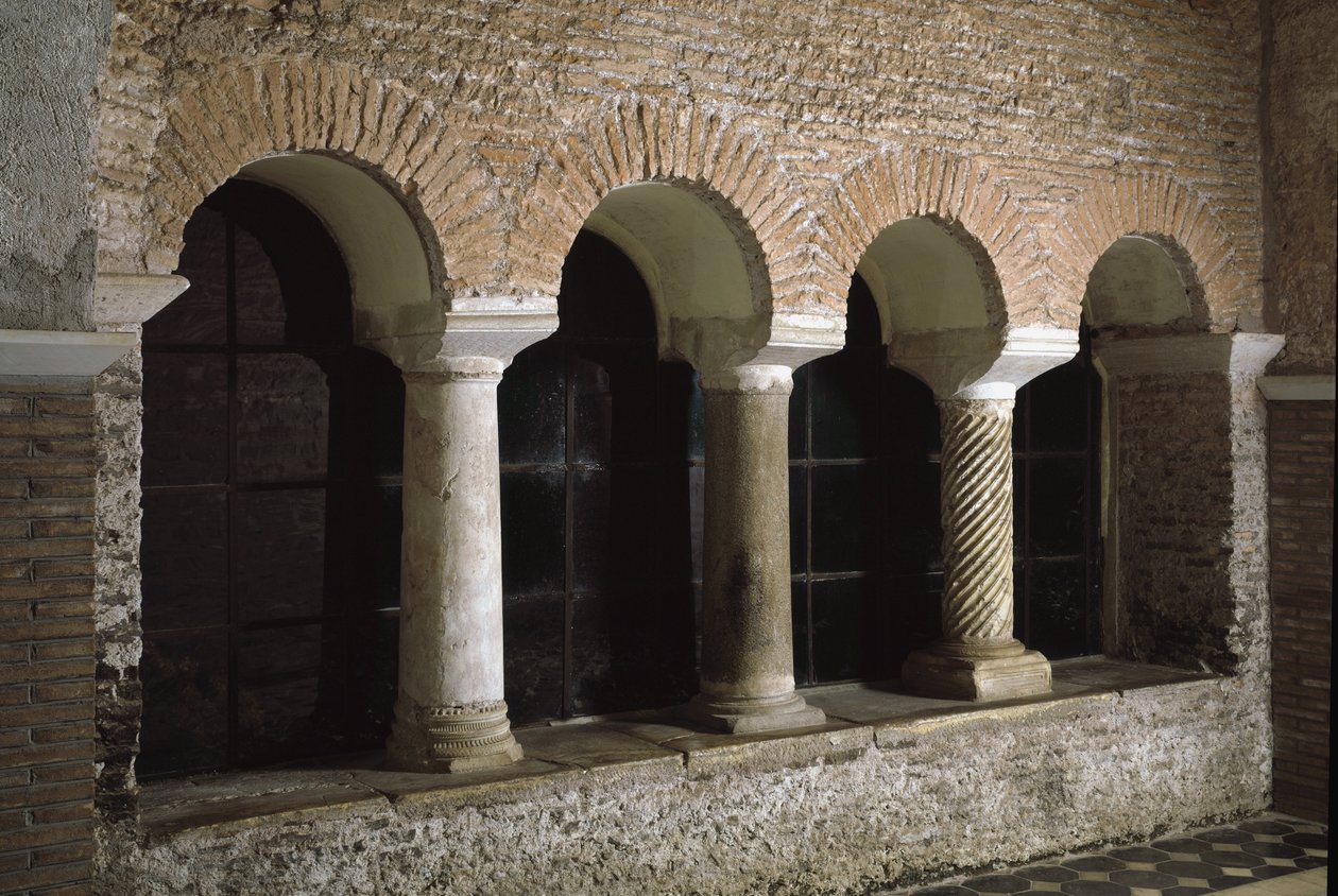 Udsigt over klostret i Saint Vincent og Saint Anasthasus-kirken, klosteret af de tre fontæner (Tre-Fontane) (Chiesa dei Santi Vincenzo e Anastasio alle Tre Fontane) (Udsigt over klosteret i kirken St Vincenzo e Anastasio, abbazia delle T af School Italian