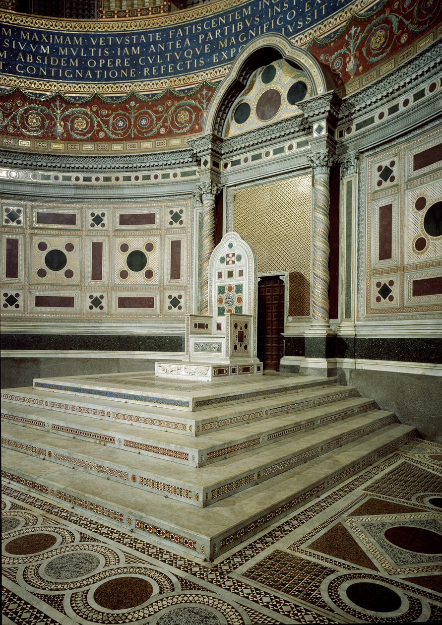 Udsigt over den bispelige trone i den pavelige prædikestol i apsis i Basilica of St. John Laterano (San Giovanni in Laterano). Rom af School Italian