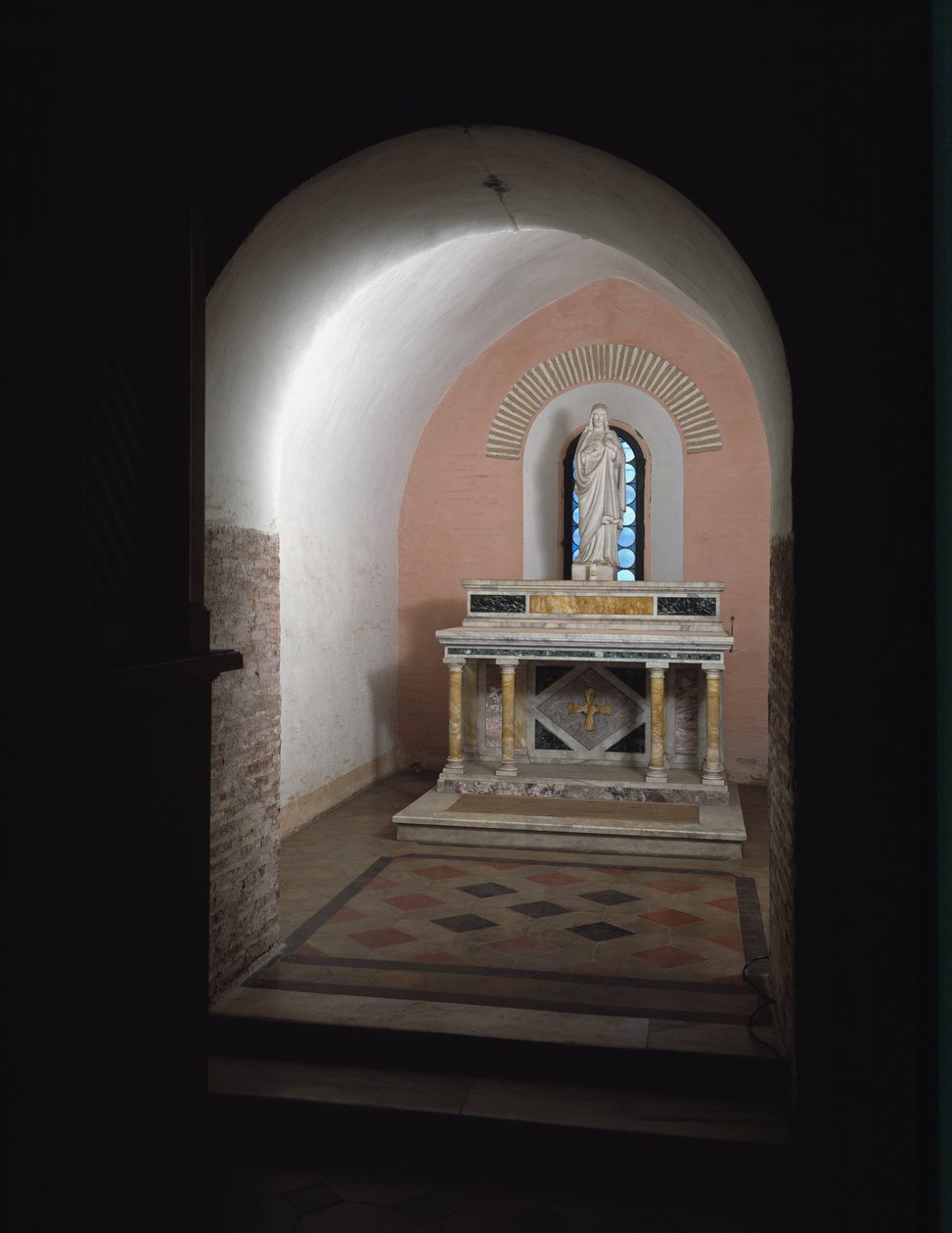 Udsigt over det andet kapel i kirken Saints Vincent og Anastasius, 625-1221 Abbey of Tre Fontane (Abbey of Tre-Fontane eller Abbey of the Three Fountains) nær Rom Italien (Udsigt over det andet kapel i kirken Sts Vincent og Anastasius , 625-1221 Tre af School Italian