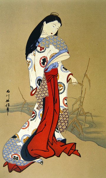 Japansk pige fra Genroku-perioden (farve litho) af School Japanese