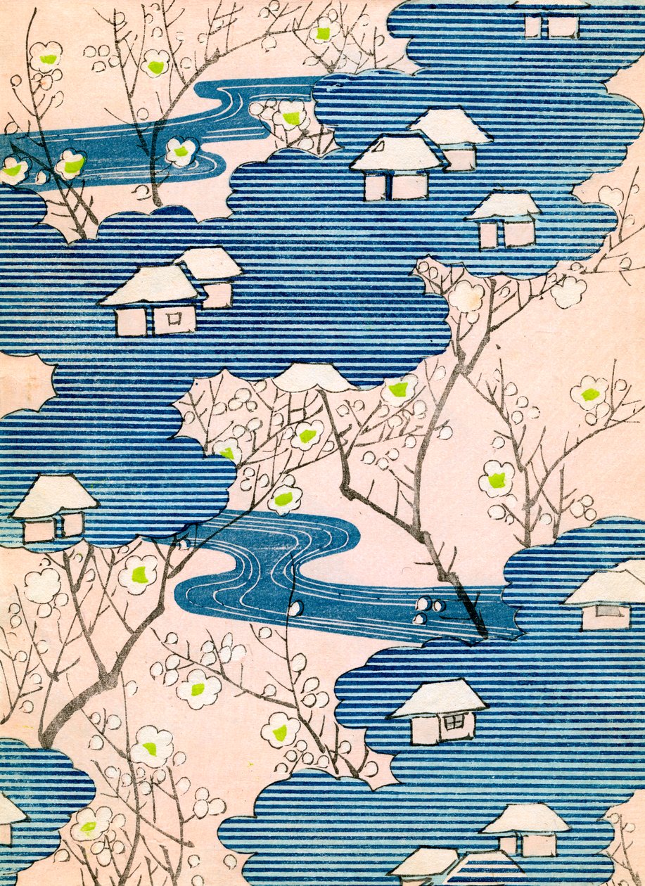 Mønster til et Kimono-design: Hytter med floder og kirsebærblomster, ca. 1900 (farvet træbloktryk) af School Japanese