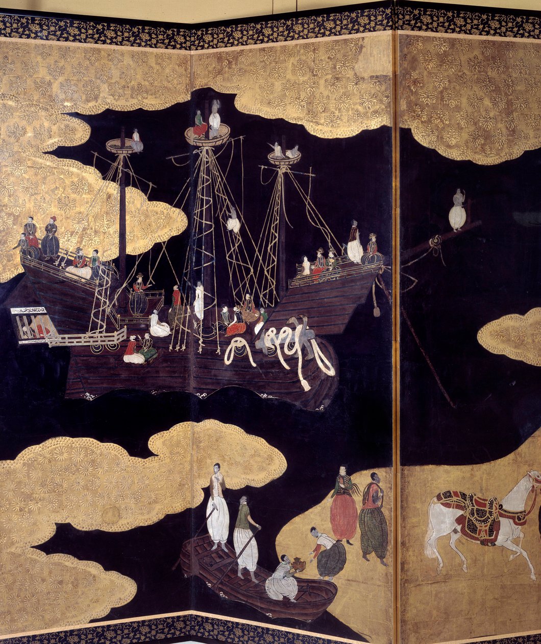 "Portugisisk" skærm: en repræsentation af portugisiske jesuitermissionærers ankomst til Japan i det 16. århundrede. Detalje. Realiseret af Kano Skolen (?). 1593-1600. Lissabons museum for antikke kunst af Japanese School