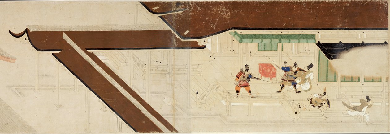 Illustreret historie om Heijis oprør (1159-1160) (Visite imperiale a Rokuhara) (Illustreret fortælling om borgerkrigen, Det kejserlige besøg i Rokuhara) - Anonymt værk, akvarel og blæk på papir, første rulle af School Japanese