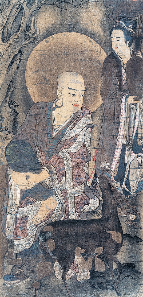 Religiøst maleri af ung munk med då, maleri på silke, japansk civilisation, Heian-perioden, 794-1185 af School Japanese