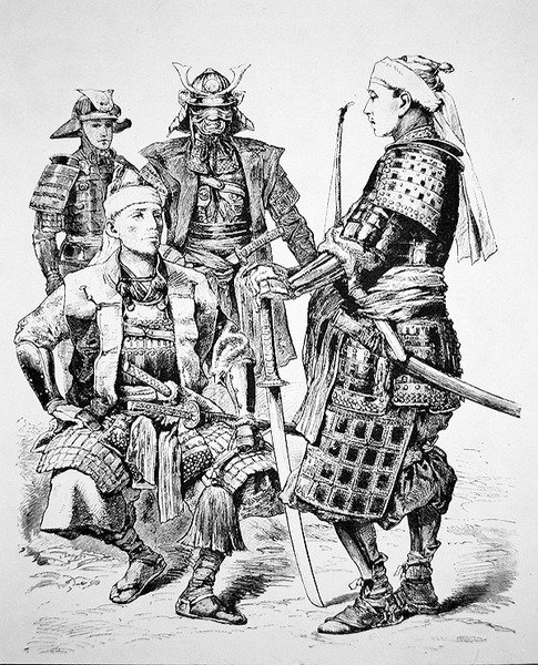Samurai fra det gamle Japan iført traditionel kostume og rustning (litho) af School Japanese