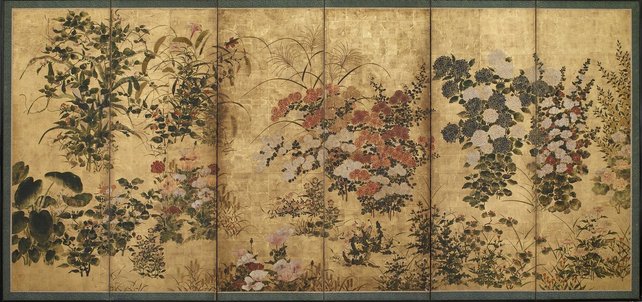 Sommer- og efterårsblomster, Edo-periode (farve over guld på papir) af Japanese School