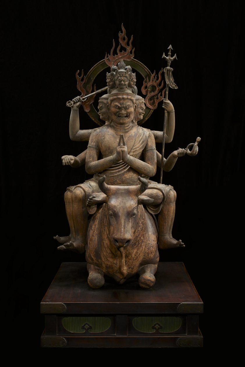 Wisdom King of Awe-inspiring Power (Daiitoku Myōō) (polykromt træ med krystal, bladguld og metal) af Japanese School