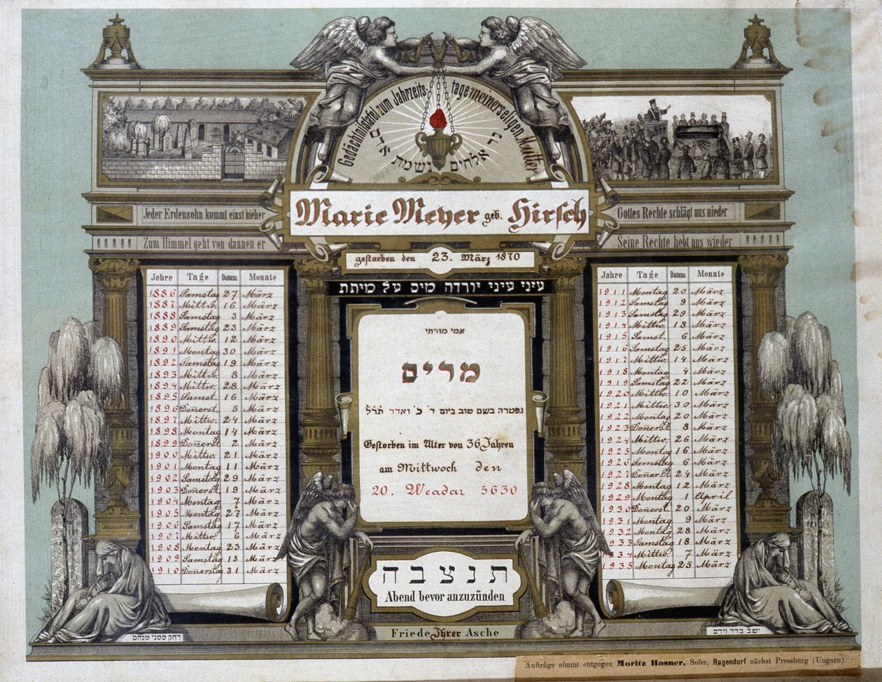 Mindekalender for fremtidige lighustjenester for en afdød nær slægtning. Jahrzeit maleri. Jødisk museum i Basel, Schweiz. af School Jewish