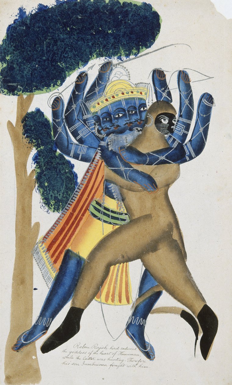 Ravana, dæmonkongen af Ceylon, kæmper mod Hanumans søn (akvarel på papir) af School Kalighat
