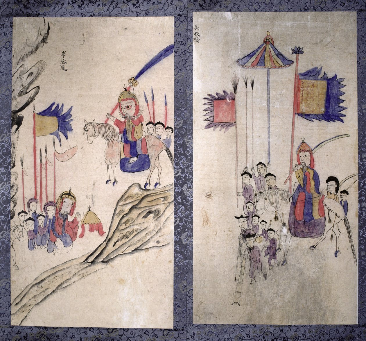 Et panel fra en ottefoldig skærm, der skildrer en historie om de tre riger (naturlige pigmenter på papir) af School Korean