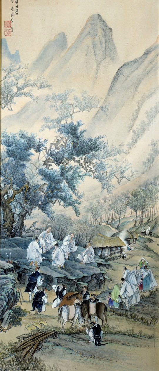 Coreen Art: Civile Coreens kom fra europæiske katolske missionærer, der blev dræbt af undertrykkelse under evangeliseringen i Korea i det 19. århundrede, mens gendarmerne drikker alkohol. Missionærer er repræsenteret med aureolerne som katolske helgener. P af School Korean