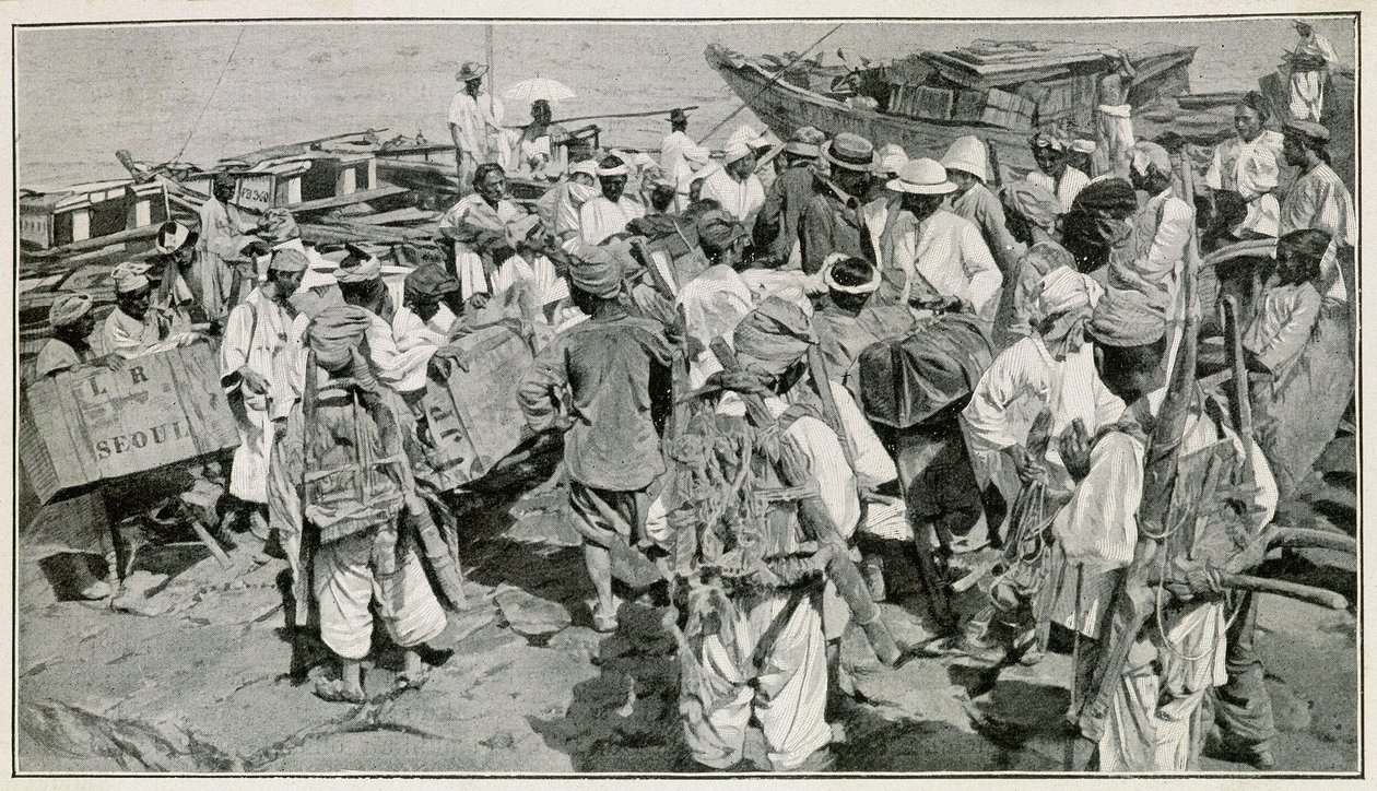 Koreanske portører i Chemulpo-havnen (Sydkorea), løsner skrot - Illustration efter fotografi fra det 19. århundrede af J. de Pange, Fra Rejser i Korea af læge Hagen af School Korean