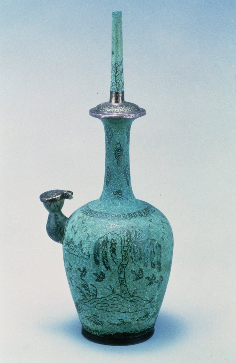 Kundika indlagt med design, der forestiller fugle og et træ i sølv, Koryo-dynastiet, 918-1392 AD (bronze) af School Korean