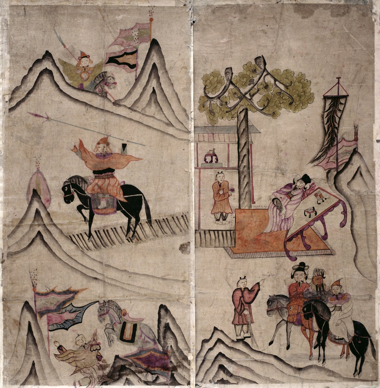To paneler af et ottefoldigt lærred, der forestiller "En historie om tre kongeriger" (naturlige pigmenter på papir) af School Korean