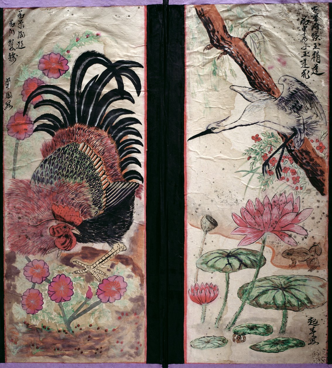 To paneler af en ottefoldig skærm, der viser fugle og blomster (naturlige pigmenter på papir) af School Korean