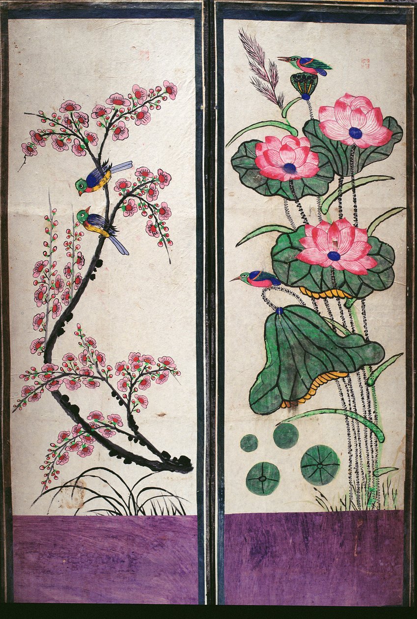 To paneler af en ottefoldig skærm, der viser fugle og blomster (naturlige pigmenter på papir) af School Korean