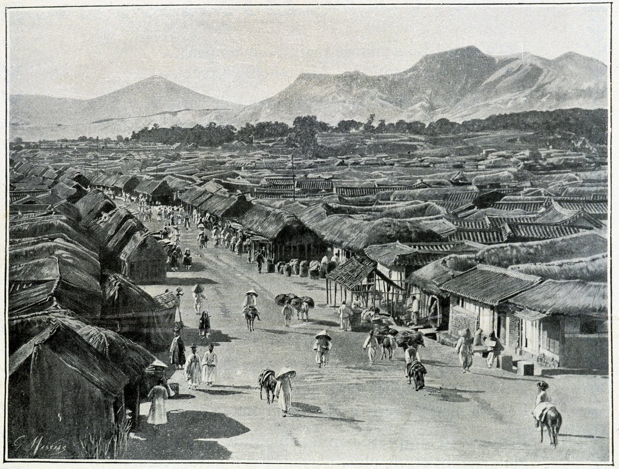Udsigt over hovedgaden i Seoul, hovedstaden i Korea i det 19. århundrede af School Korean