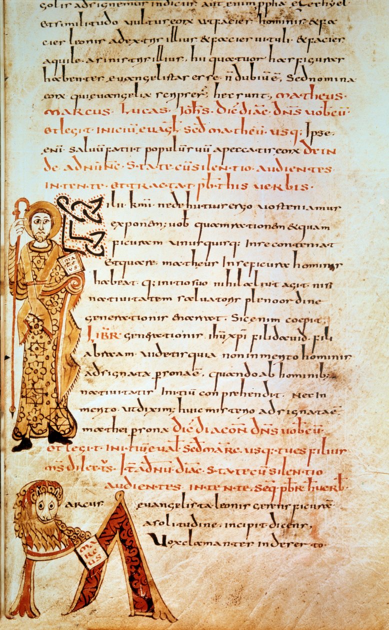 Sankt Matthæus; bogstavet M (hovedet for løven af Sankt Markus). Side i "" Sacramentary of Gellone", folio 42. Oplyst af David, v. 790, Frankrig, Meaux eller Cambrai. BN, Paris af School Merovingian