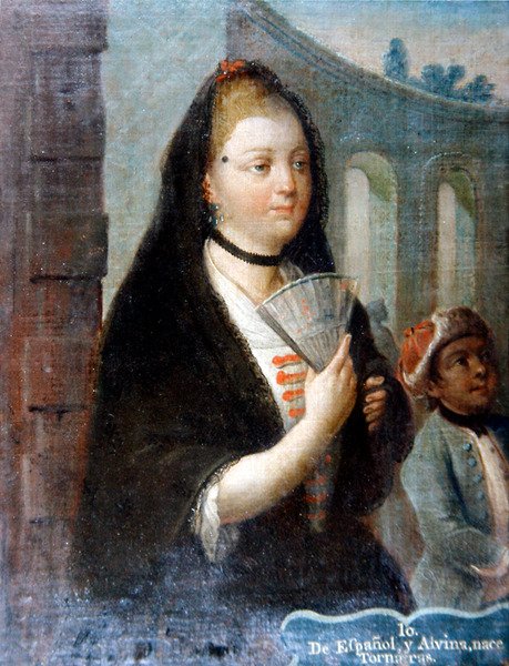 Et portræt af en dame med et sort slør, der holder en vifte (olie på lærred) af School Mexican