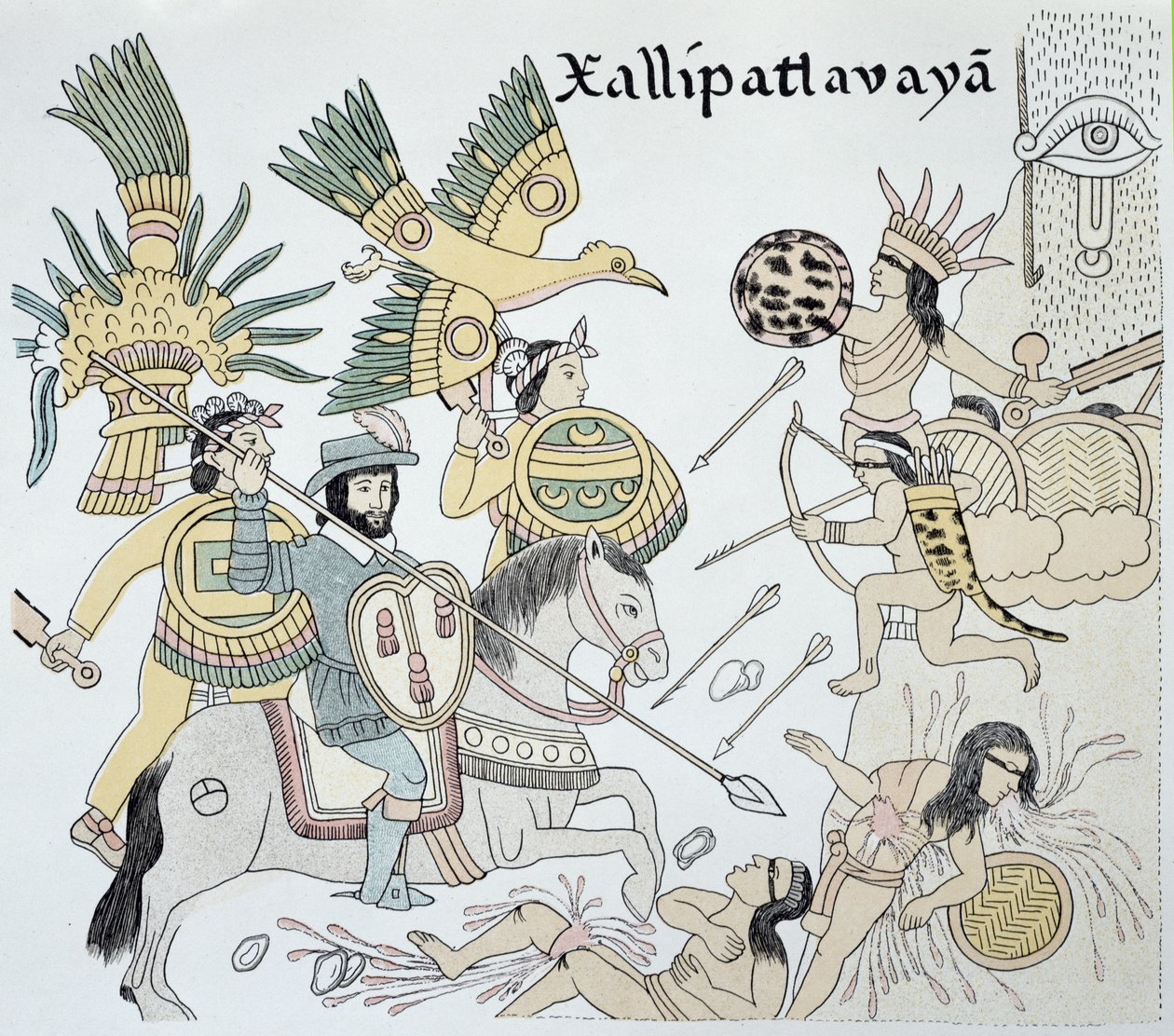 Kamp mellem spanierne og aztekerne i slaget ved Xallipatlavaya, illustration fra en faksimile af en mexicansk indiansk billedhistorie 