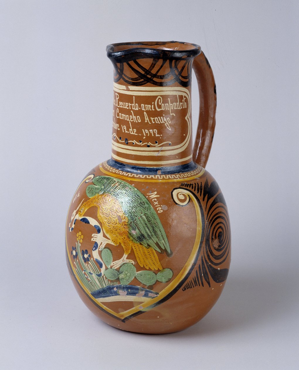 Folkekunst: pulque krukke (fermenteret agave alkohol) i malet og lakeret terracotta, fra Mexico. 1972 Valley Museum, Barcelonnette (Alpes de Haute Provence) af School Mexican