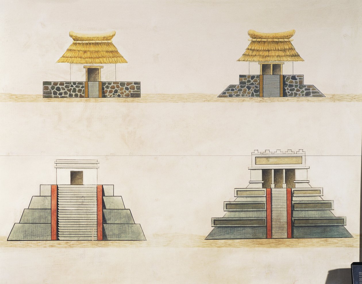 Historisk rekonstruktion af bygninger i Tenochtitlan (farve litho) af School Mexican
