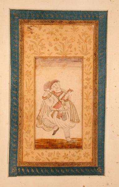 En dansende Sarangi-spiller, musiker fra Mughal-hoffet, fra Large Clive Album (tonet tegning) af School Mughal