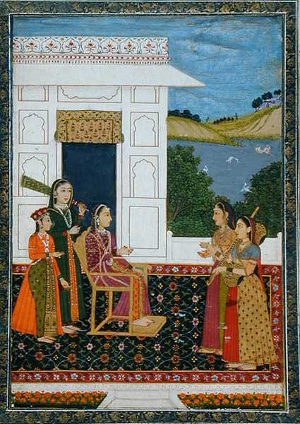 En dame med ledsagere på en terrasse, fra Small Clive Album (ugennemsigtig akvarel på papir) af School Mughal