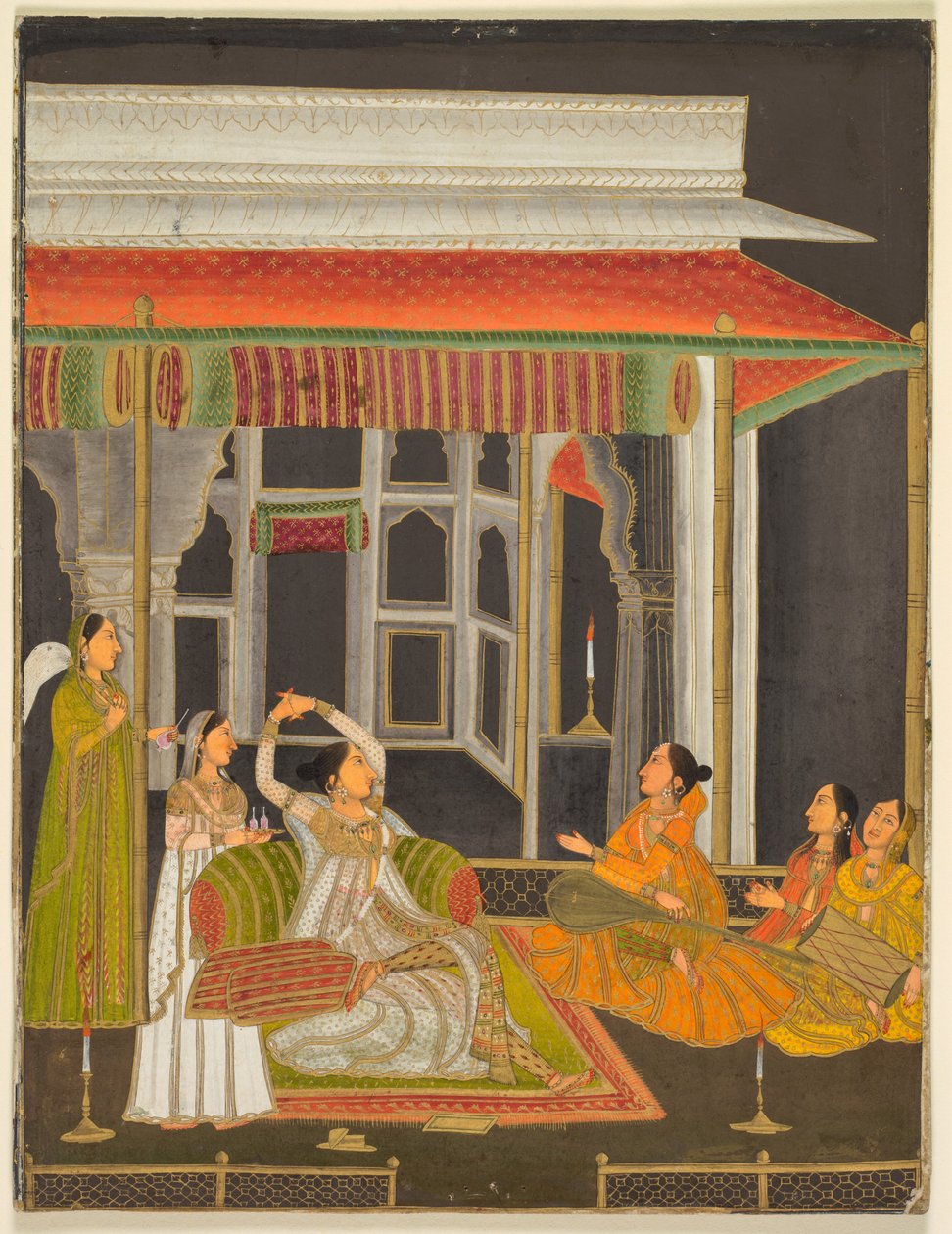 En prinsesse på en terrasse med ledsagere om natten (recto); kalligrafi (verso), ca. 1760 (uigennemsigtig akvarel med guld på papir) af School Mughal