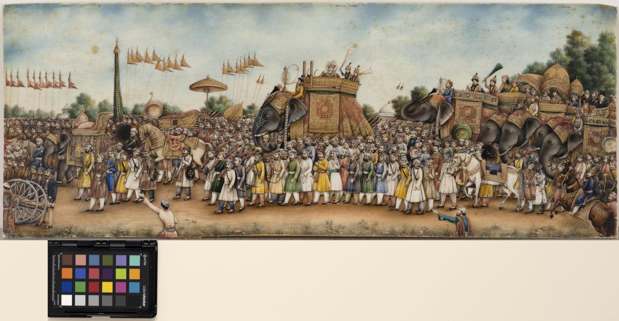 Akbar Shah II rider på en elefant i en enorm procession, ca. 1835 (ugennemsigtig akvarel og guld på elfenben) af School Mughal