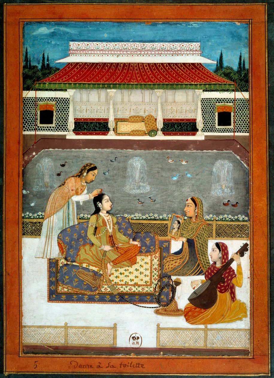 En indisk prinsesse har sit miniaturetoilet fra Mughole School of 1740. af School Mughal