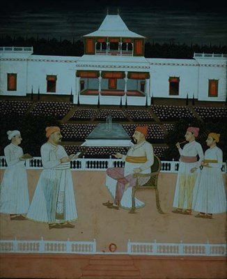 Hazan Riza præsenterer en bøn til Nawab af Oudhaa i en Mughal-have af School Mughal