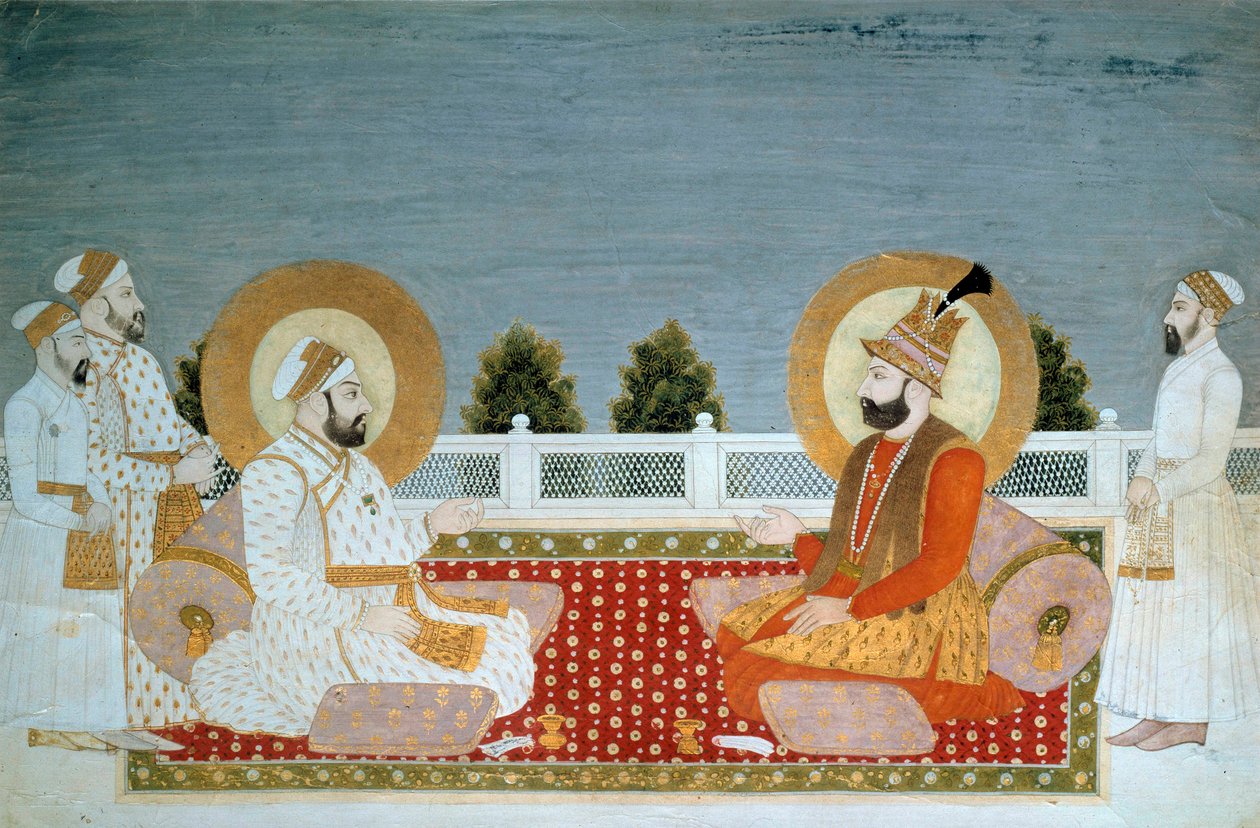 Indisk kunst: "" Repræsentation af Mohammed Shah (1702-1748) indisk kejser og Nadir Shah (1688-1747), Shah af Iran"" Miniature of the Mughole School, Muhammad Shah (1526-1858 A.D.), søn. 0,21x0,31 m - Paris, Musee Guimet, Musee national des Arts Asians - M af School Mughal
