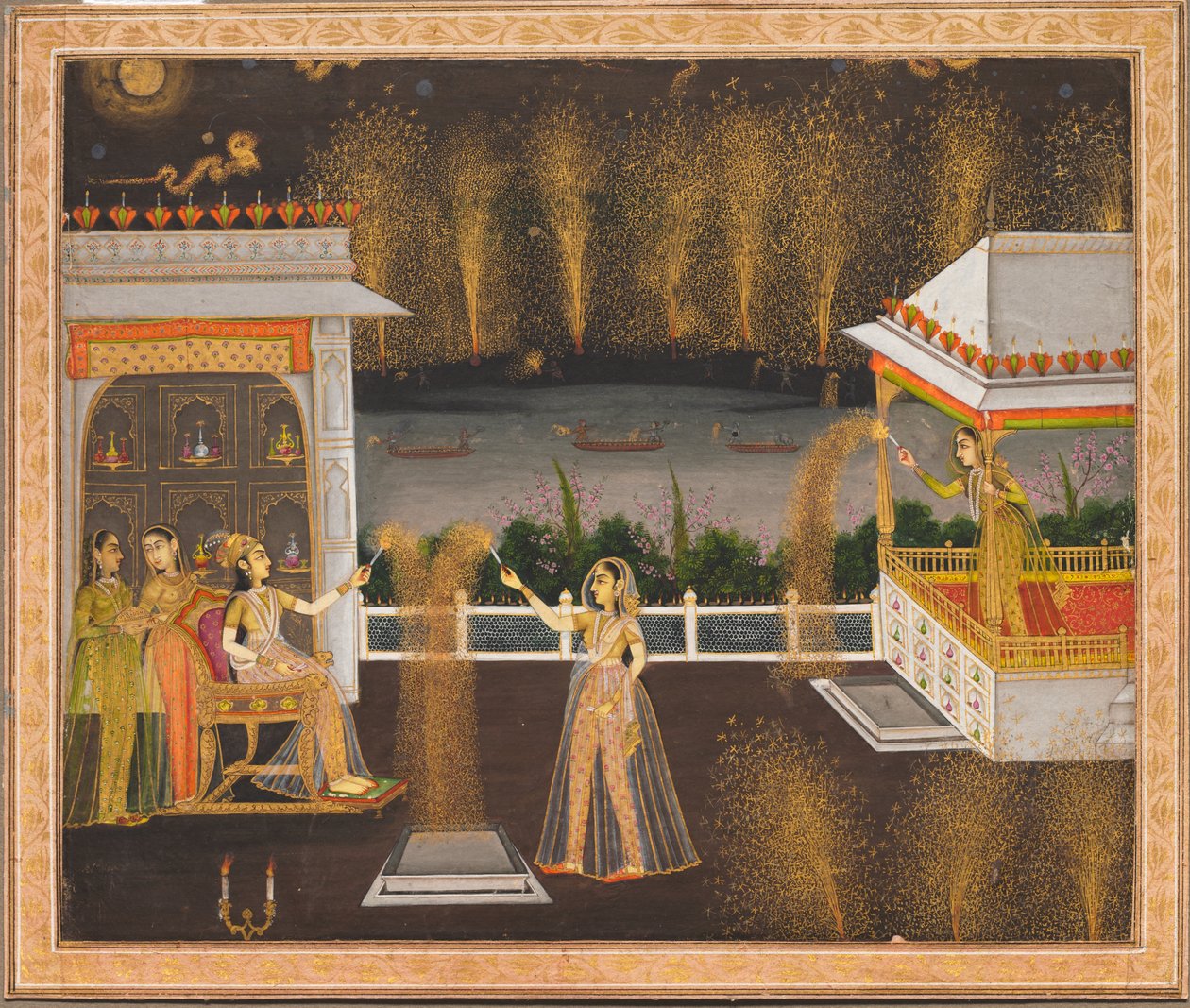Ladies Celebrating Diwali, ca. 1760 (uigennemsigtig akvarel og guld på papir) af School Mughal