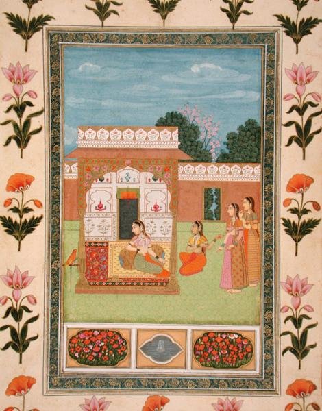 Damer ved en pavillon, fra Small Clive Album (uigennemsigtig akvarel på papir) af School Mughal
