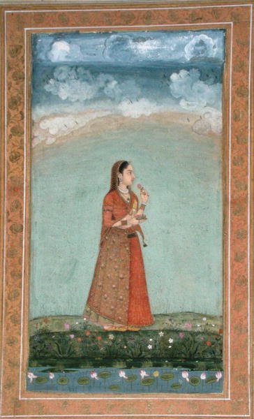 Dame med en skål rosenblomster fra Small Clive Album (ugennemsigtig akvarel på papir) af School Mughal