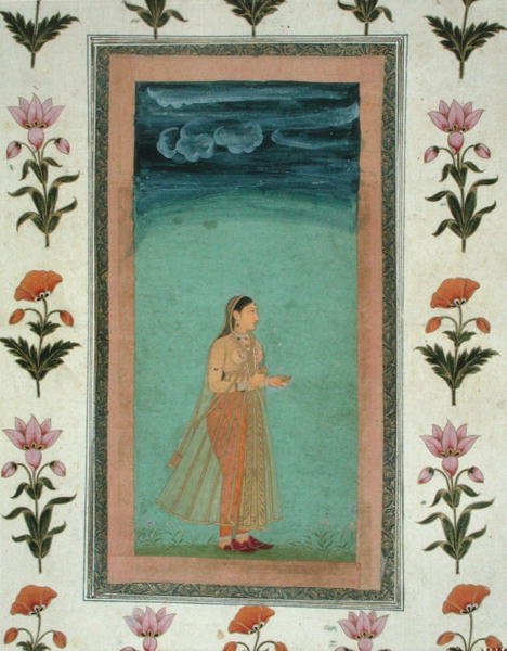 Dame, der holder en blomst, fra Small Clive Album (ugennemsigtig akvarel på papir) af School Mughal