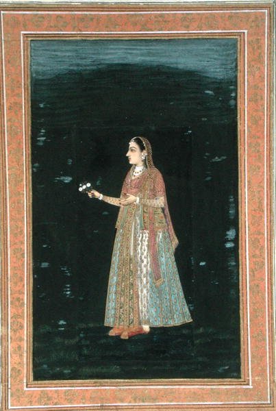 Dame med blomster, fra Small Clive Album (ugennemsigtig akvarel på papir) af School Mughal