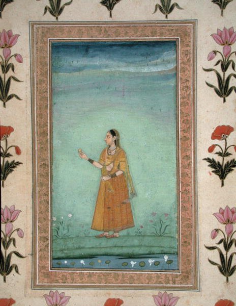 Dame med frugt, stående ved en liljedam, fra Small Clive Album, ca. 1600 (ugennemsigtig akvarel på papir) af School Mughal