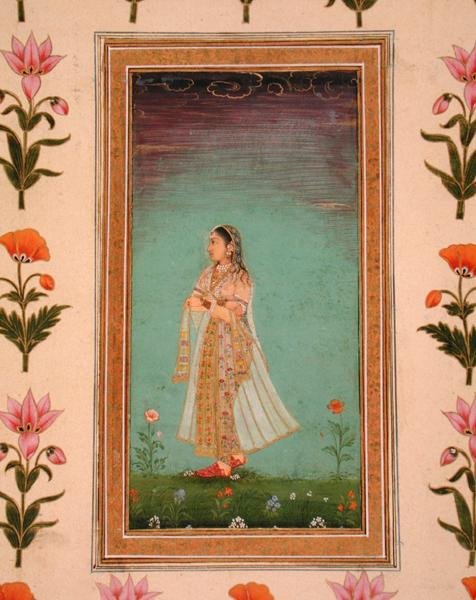 Dame, der går gennem blomster, fra Small Clive Album (ugennemsigtig akvarel på papir) af School Mughal