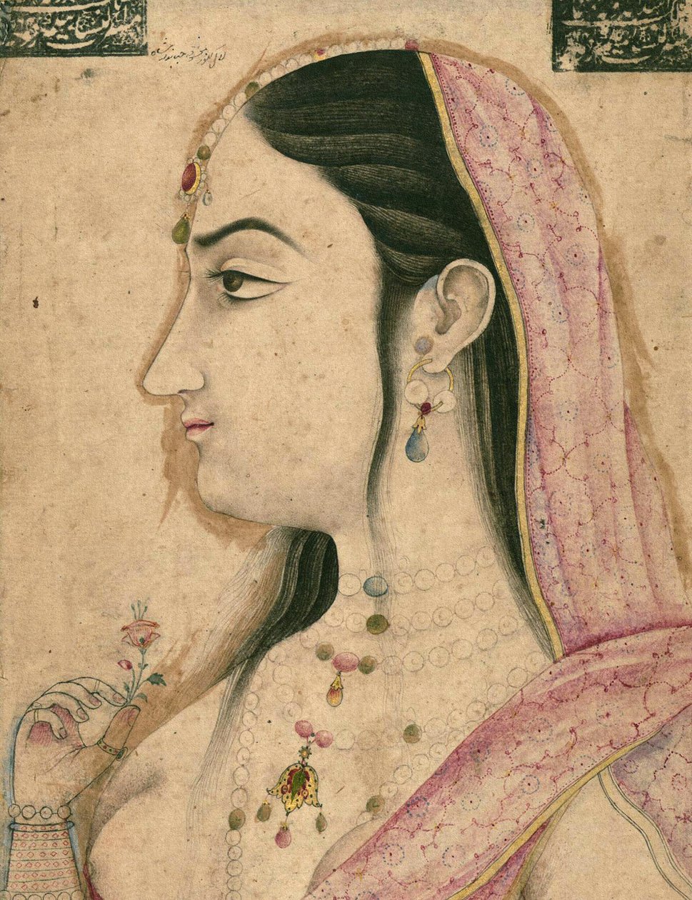 Lal Kunwar, favorit hos den 8. Mughal-kejser Jahandar Shah (død 1125 AH/AD 1713), Mughal-miniature (papir med blæk, maling og guld monteret på pap) af School Mughal