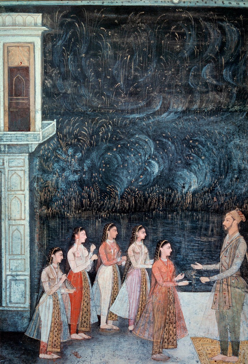 Natfestscene ved Shah Jahans hof, der repræsenterer prinsen og kurtisanerne. Fyrværkeri i baggrunden Miniature af det 18. århundredes Mughal School. Søn 0,21x0,15 m Paris, Musee Guimet, Musee national des Arts Asian af School Mughal