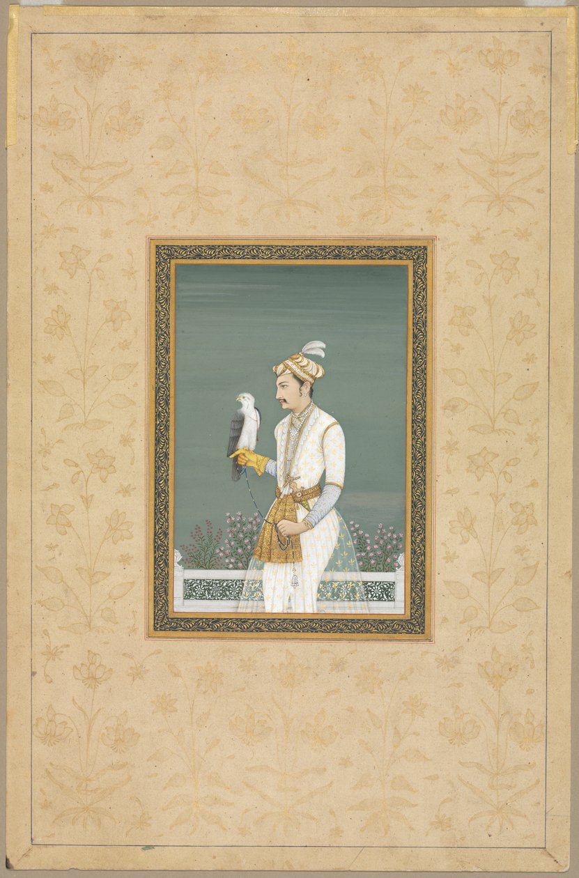 Portræt af en prins med en høg af School Mughal