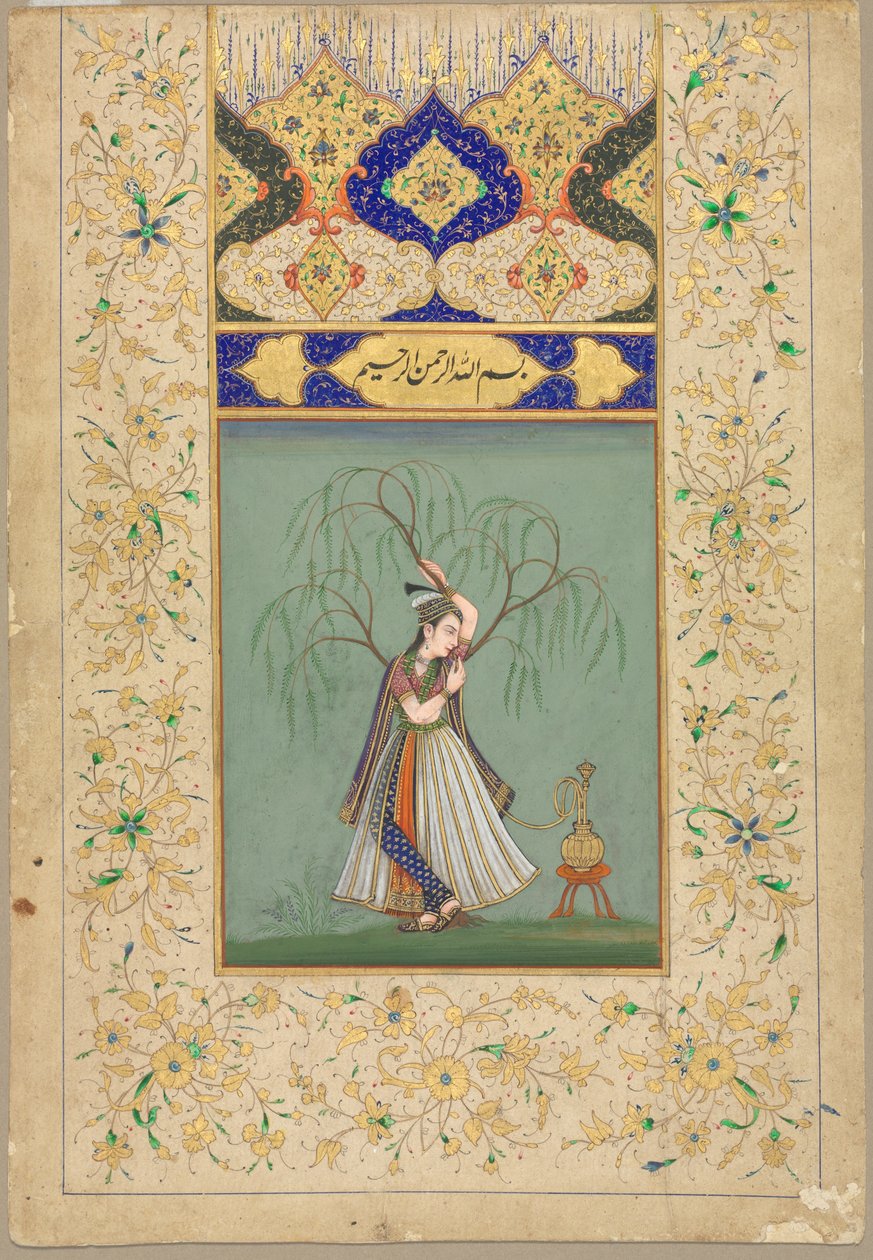 Prinsesse ryger vandpibe (som Salabhanjika) af School Mughal