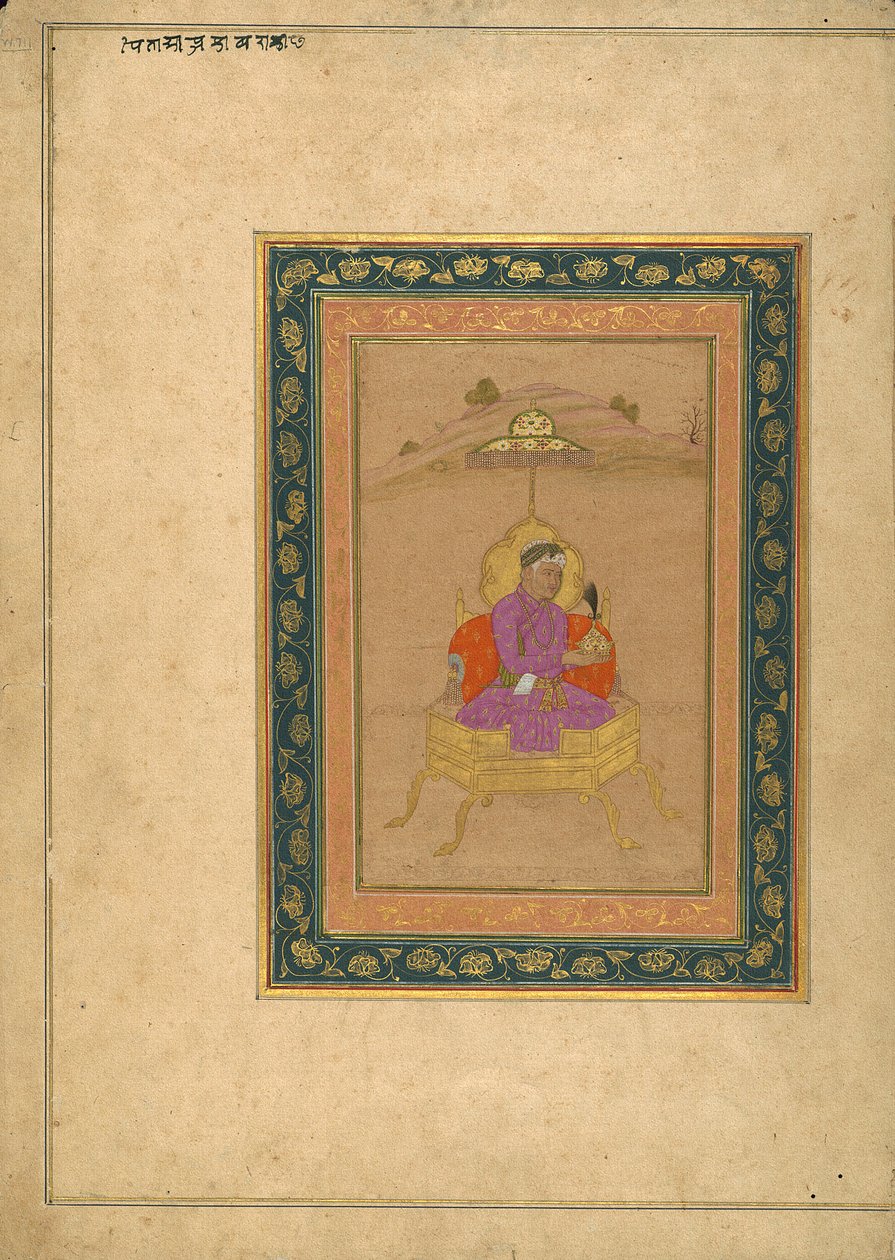 Den 3. Mughal-kejser Akbar sad på den kongelige trone, mens han holdt sin krone af School Mughal