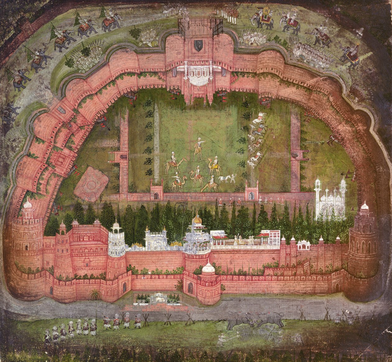 The Red Fort, Agra, Johnson Album VII nr.1 nummereret 11, ca. 1750 (gouache på papir) af School Mughal