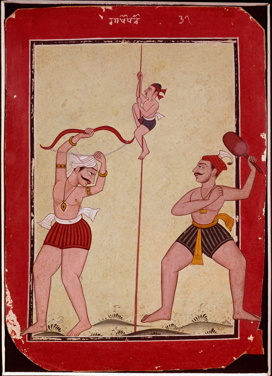 Tre atleter under træning (reb, bueskydning og sneskospil) (miniature af School Mughal